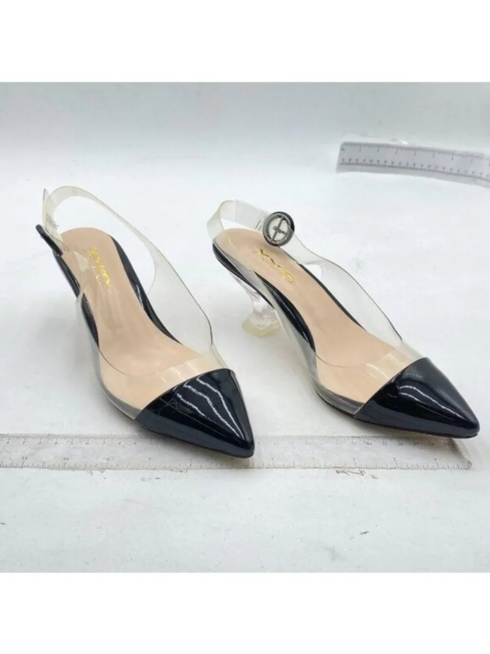 XYD Women Transparent Slingback Clear Low Heels Pumps Pointed Toe PVC Black